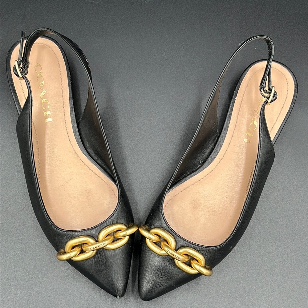 Coach Black Slingback Flats with Gold Chain Accent
